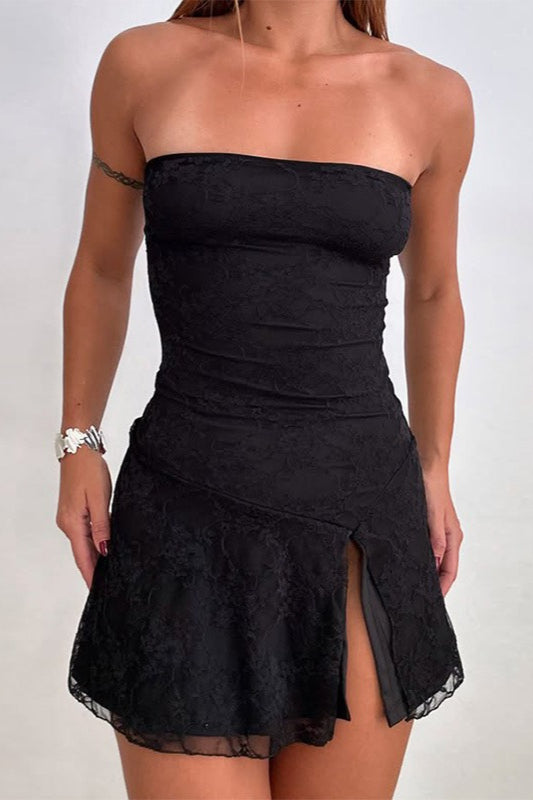 Strapless Textured Rib Knit Thigh Slit Bodycon Mini Dress