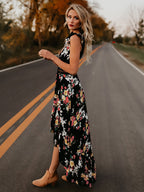 Black Floral Boho Maxi Dress for Women - High Low Hem Open Back Crochet Waist Long Dress - Summer Date Night Outfits 2026