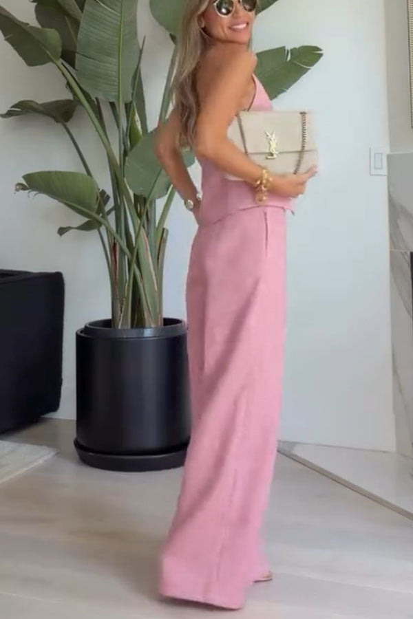 City Outfit Linen Blend Metal Button Halter Vest and Pocket Wide Leg Pants Set