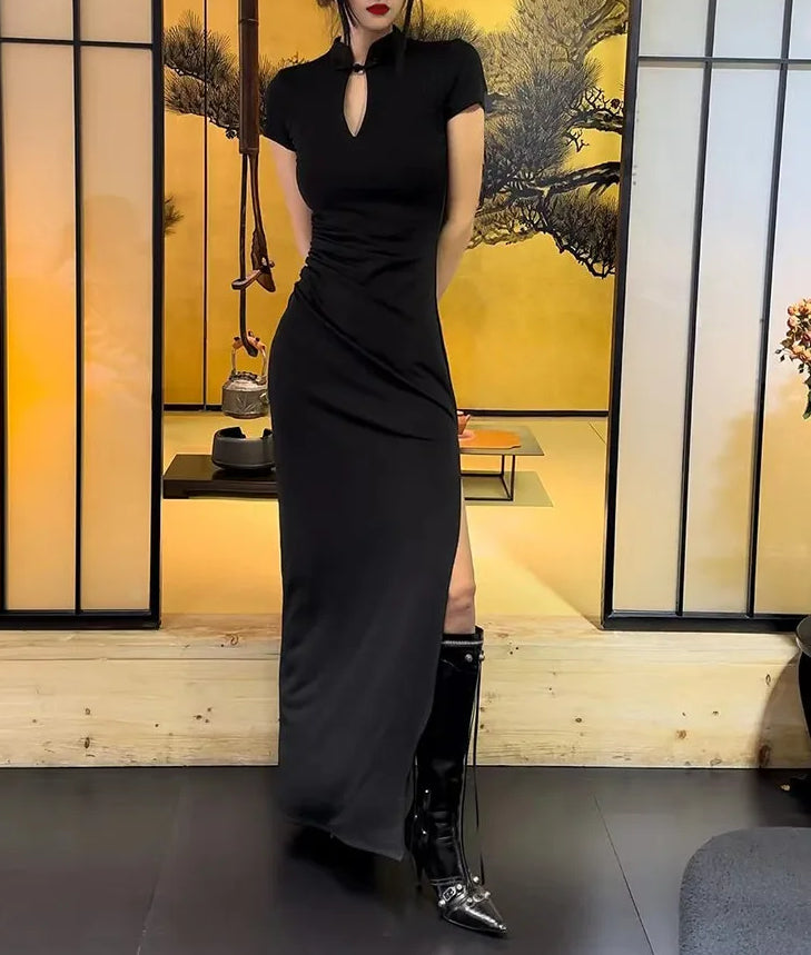 Mandarin Collar Keyhole Ruched Side Slit Maxi Dress