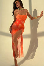 Orange Spaghetti Strap Square Neck Floral Print Mesh Overlay Side Slit Maxi Dress