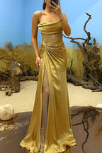 Strapless Rhinestone Mesh Corset Bodice Draped Satin Side Slit Maxi Gown