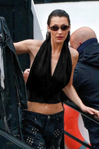 Loose V Neck Halter Solid Waist Button Backless Tank Top