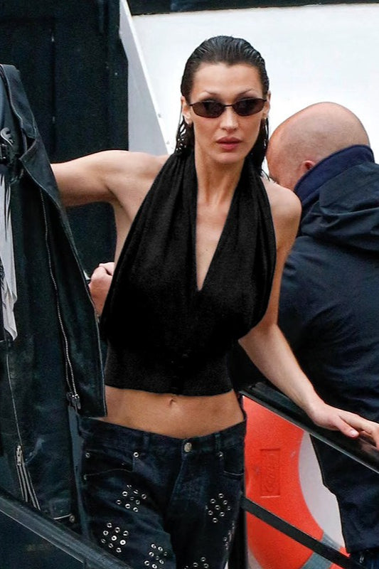 Loose V Neck Halter Solid Waist Button Backless Tank Top