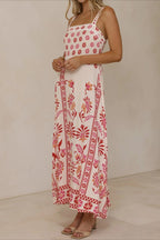 Square Neck Lace Trim Empire Waist Geometric Floral Border Maxi Dress