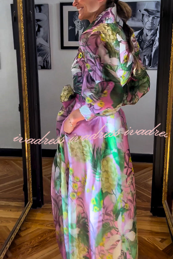 Seeds of Happiness Tulle Floral Print Balloon Sleeve Belt Blouse