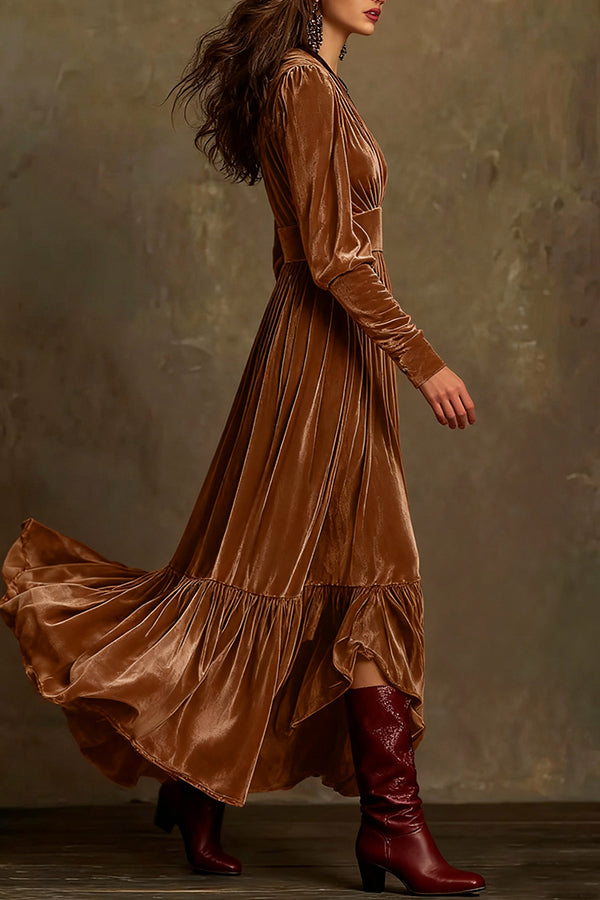 Fashionable Velvet V-neck Long-sleeved High-waisted Maxi Dress