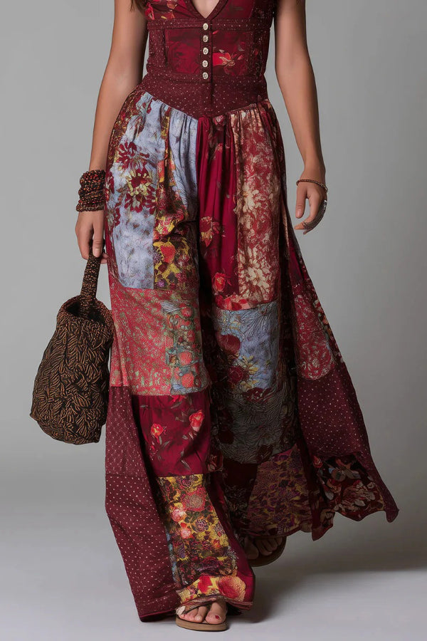 Unique Printed V-neck Sleeveless Fitted Waist Casual Maxi Dress