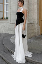 Strapless Asymmetrical Bodice Sheer Tiered Maxi Gown With Neck Sash