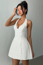 Polka Dot Halter Neck Deep V-Neck Fit and Flare A-Line Mini Dress