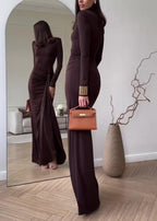 Mock Neck Long Sleeve Hip Knot Drape Panel Bodycon Maxi Dress