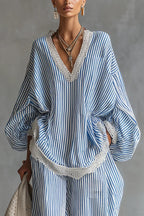 Striped Printed V-neck Lantern Sleeve Lace-trimmed Loose Top and Elastic Waist Casual Wide-leg Pants Set