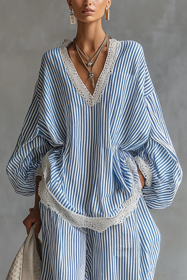 Striped Printed V-neck Lantern Sleeve Lace-trimmed Loose Top and Elastic Waist Casual Wide-leg Pants Set