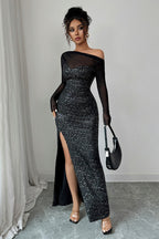 Mesh Long Sleeve Off Shoulder Sweetheart Sequin High Split Bodycon Gown