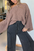 Solid Color Hollow Loose Round Neck Bat Sleeve Knitted Sweater