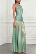 Faelina Metallic Pleated Fabric Metal Rings Halter Backless Slit Maxi Dress