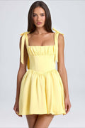 Square Neck Bow Tie Strap Corset Basque Waist Flared Mini Dress