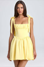 Square Neck Bow Tie Strap Corset Basque Waist Flared Mini Dress