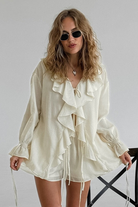 Ruffled V-Neck Loose Two-Piece Blouse