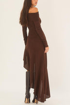Off Shoulder Long Sleeve Ribbed Knit Asymmetric Drape Hem Maxi Dress