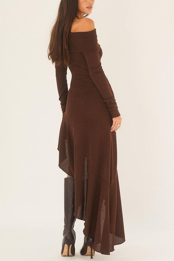 Off Shoulder Long Sleeve Ribbed Knit Asymmetric Drape Hem Maxi Dress