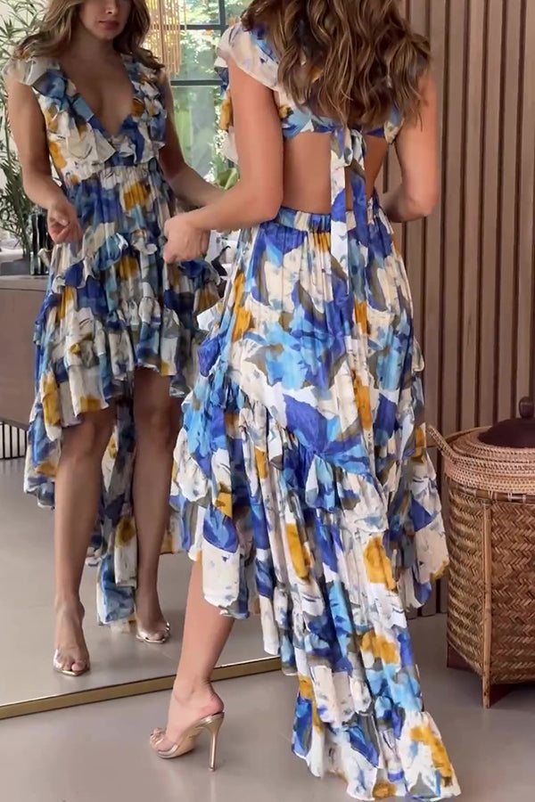 Plunging V-Neck Ruffle Tiered High-Low Floral Maxi Dress