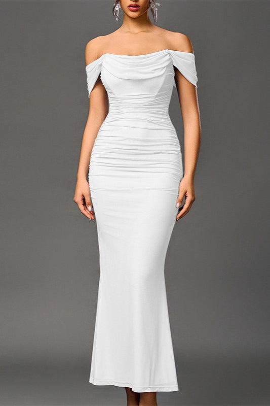 Mesh Off Shoulder Cowl Neck Ruched Mermaid Maxi Dress
