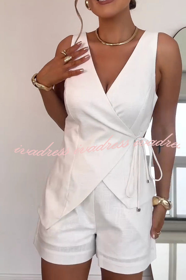 Solid Color Casual Sleeveless V-neck Top and Loose Shorts Set