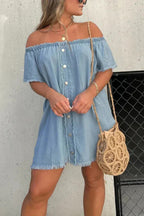 Off Shoulder Denim Button Front Frayed Trim Shift Mini Dress