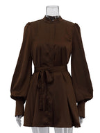 Brown Satin Mini Shirt Dress With High Neck And Lantern Sleeve For Women 2026
