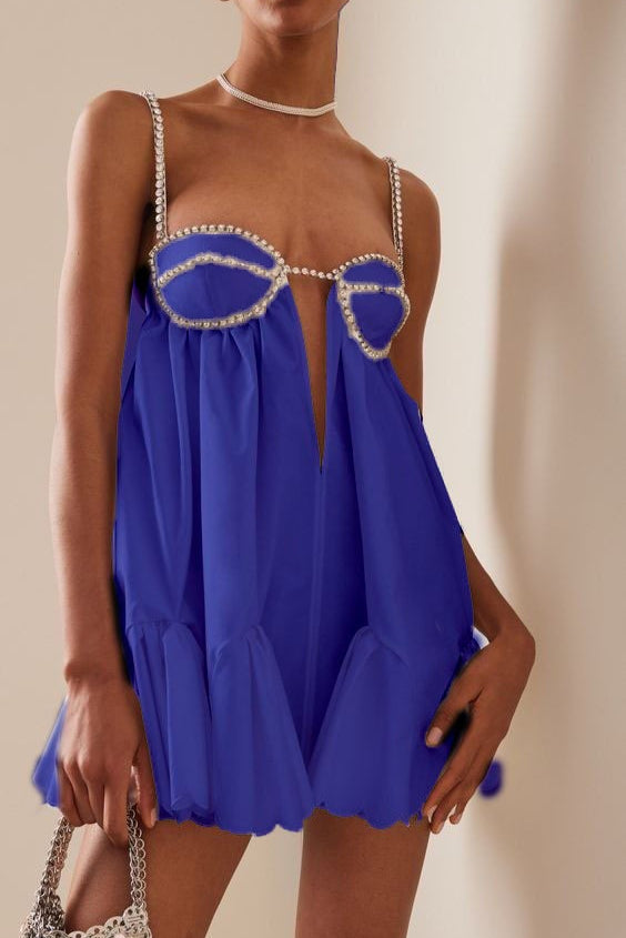 Rhinestone Bustier Plunge Cut Out Spaghetti Strap Babydoll Mini Dress