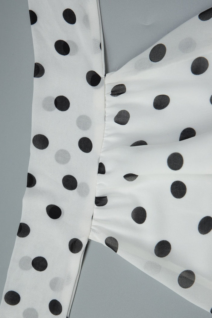 White Halter Mock Neck Shirred Waist Tiered Polka Dot Mini Dress