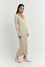 Sasha Timeless Knitted Midi Dress with V Neck and Sleeves Evening Wear Edit