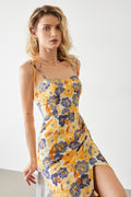 Tie Shoulder Floral Bustier Sweetheart Side Slit Midi Dress