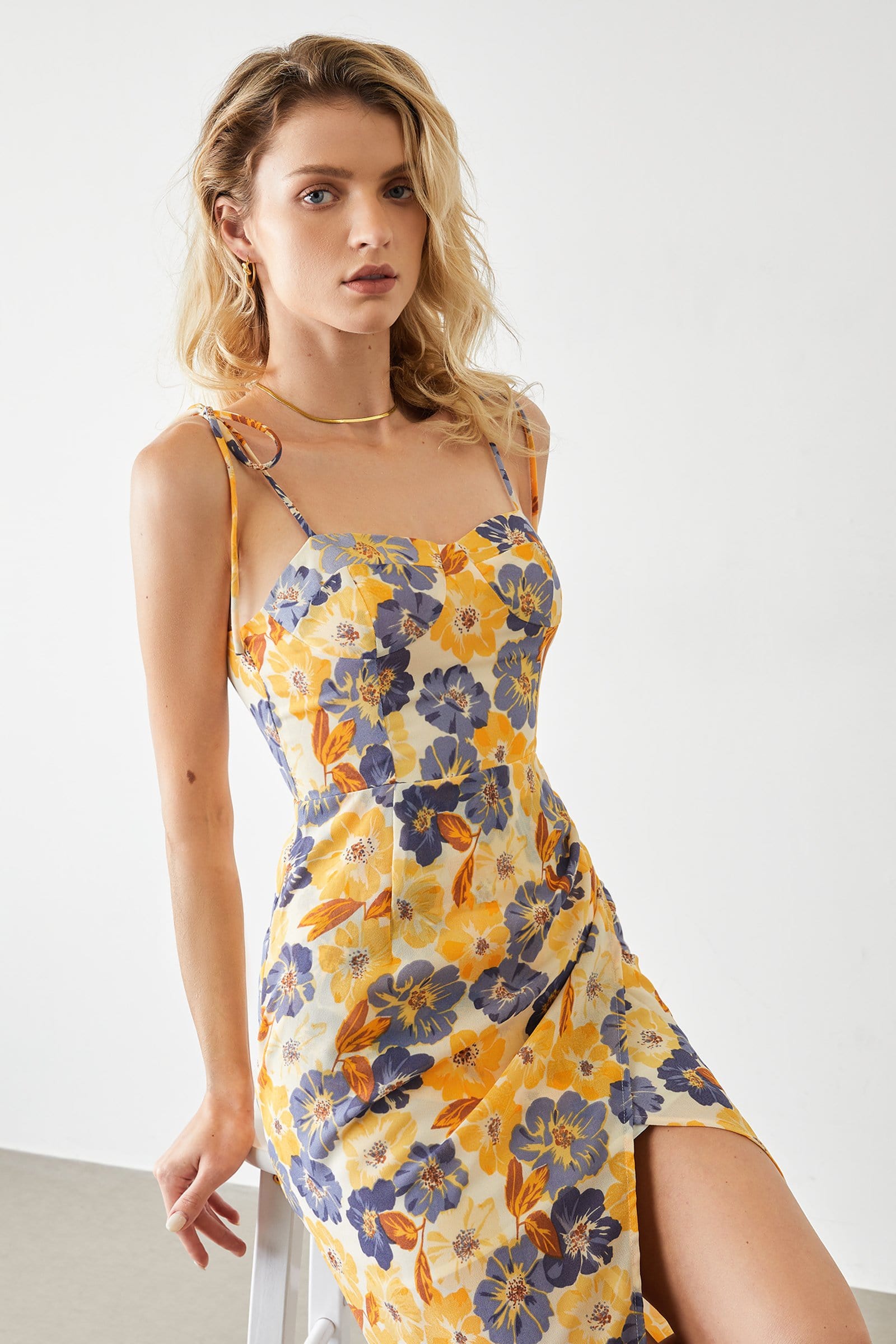 Tie Shoulder Floral Bustier Sweetheart Side Slit Midi Dress