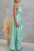 Coral Textured Metallic Chiffon Material High Tie Neck Ruffles Maxi Dress