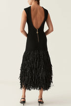 Sleeveless Crew Neck Tiered Fringed Hem Maxi Dress