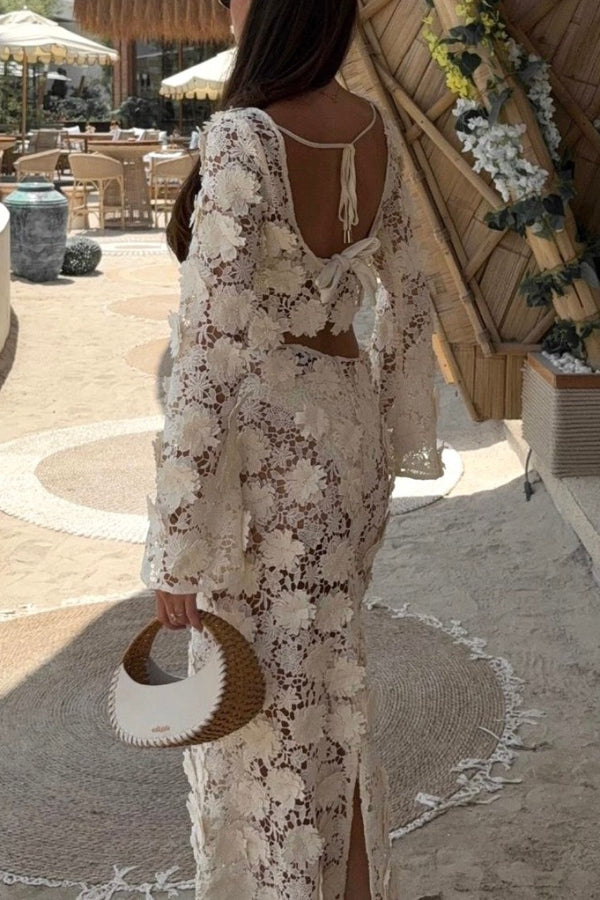 Stylish Long-sleeved Backless Lace Top and Elegant Openwork Maxi Fishtail Skirt Set