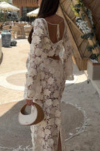 Stylish Long-sleeved Backless Lace Top and Elegant Openwork Maxi Fishtail Skirt Set