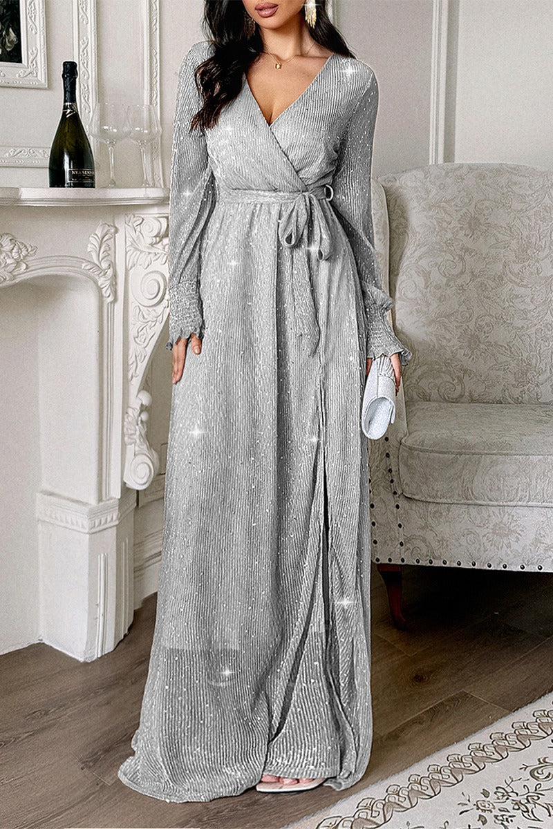 Plisse Long Sleeve Wrap Tie Waist High Slit Maxi Dress