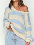 Off The Shoulder Striped Print Oversized Sweaters