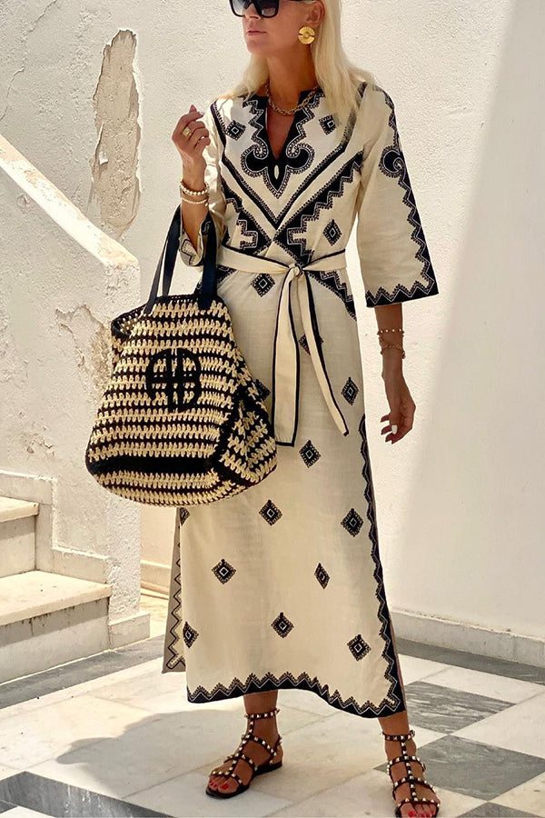 Ethnic Print V-Neck Three Quarter Sleeve Tie Waist Maxi Dress