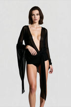 Mesh Plunging Bell Sleeve Bandage Mini Dress
