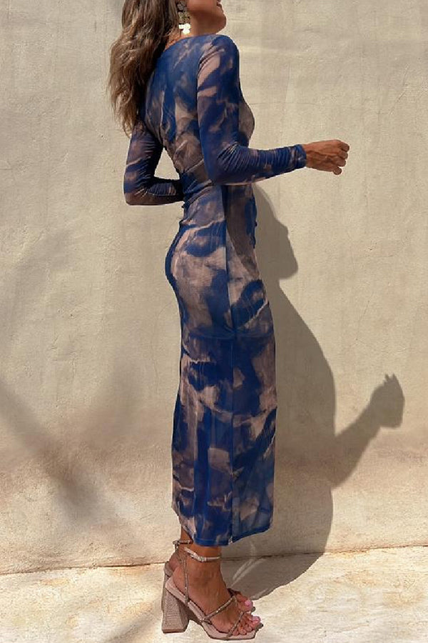 Abstract Tie Dye Print Ruched Side Slit Long Sleeve Midi Dress