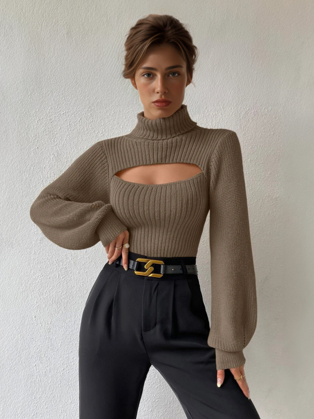 Ribbed Sweater High Collar Cutout Cuff Sexy Pullover For Women