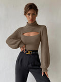 Ribbed Sweater High Collar Cutout Cuff Sexy Pullover For Women