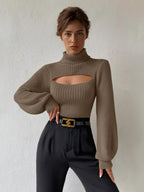 Ribbed Sweater High Collar Cutout Cuff Sexy Pullover For Women