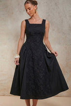 Black Embroidered Sleeveless Midi Dress