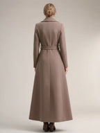 Full-length Woolen Coat For Women Wide Notched Lapel Double-breasted Belted Winter Outerwear In Solid Color 2026
