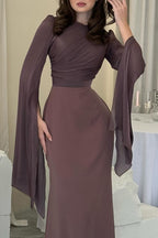 Satin Ruched High Neck Bell Sleeve Slit Mermaid Maxi Gown